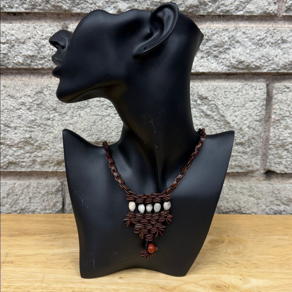 Artisan made 22 inches seed pod flower wooden bead necklace